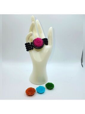HSN Carved Jade Rose 4-in-1 Bracelet Stretch Onyx Bead Band Magnetic Flower NWOT